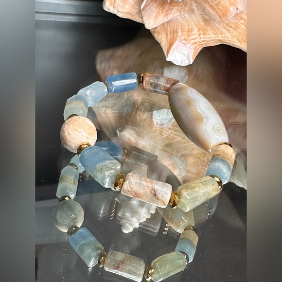 LEMURIAN AQUATINE BARRELS + MUSHROOM JASPER NATURAL STONES BRACELET size 7” - Picture 7 of 12